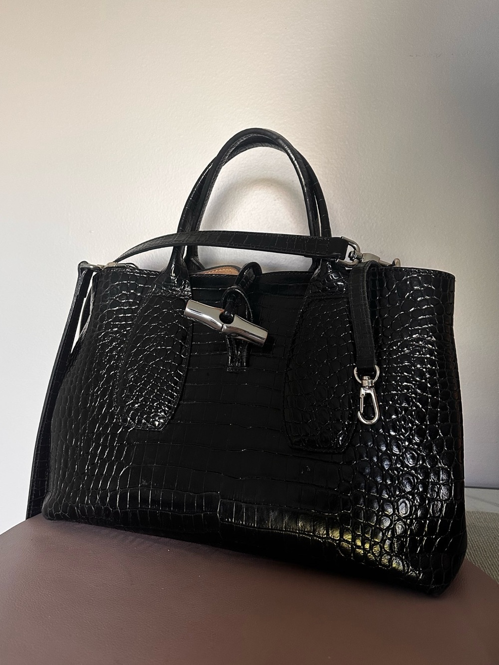 LONGCHAMP
Le Roseau Croc-Embossed Leather
Top Handle Bag large black
